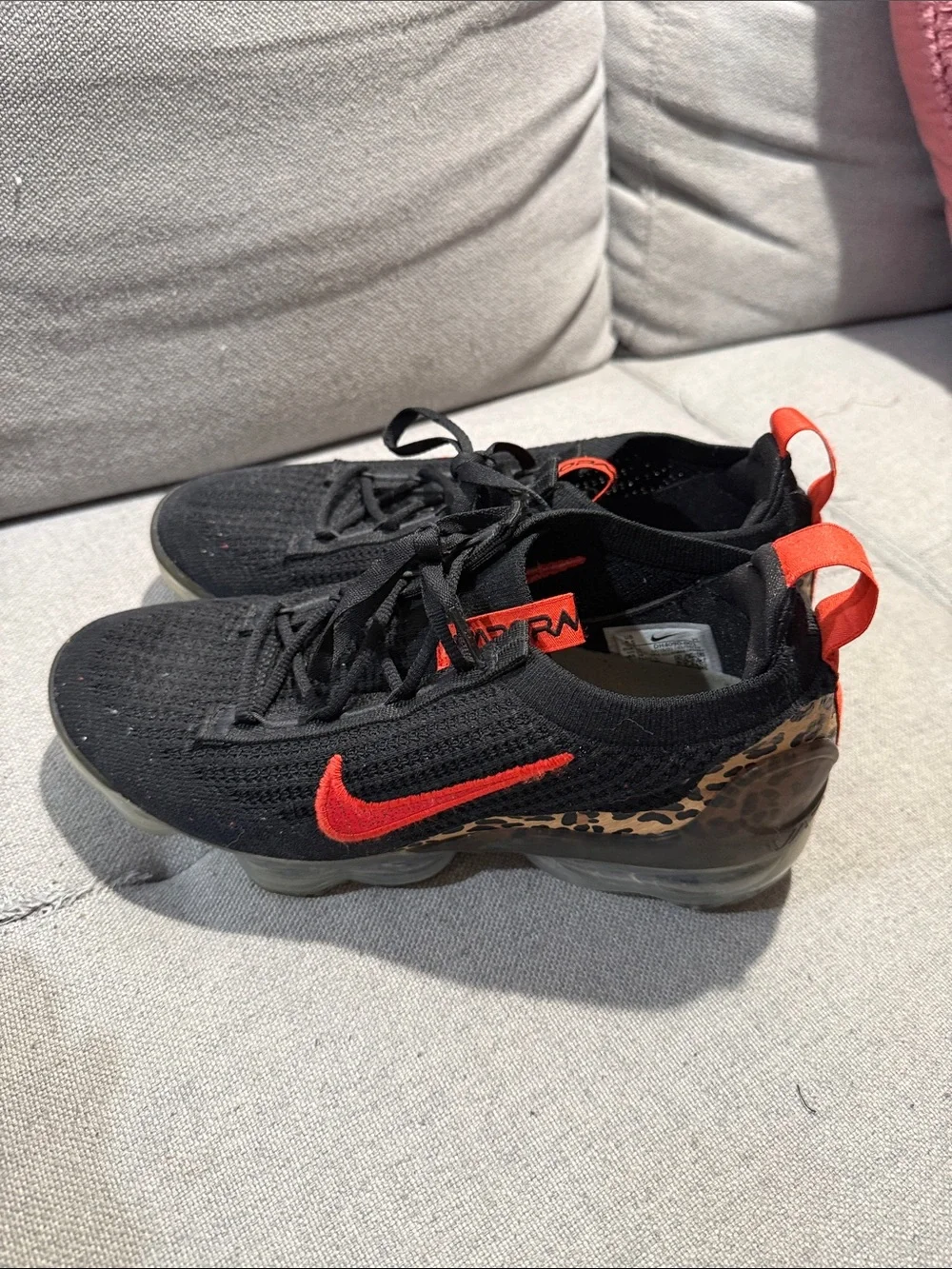 Nike Black Knit Sneakers with Red Swoosh and Leopard Heel - Picture 3 of 5